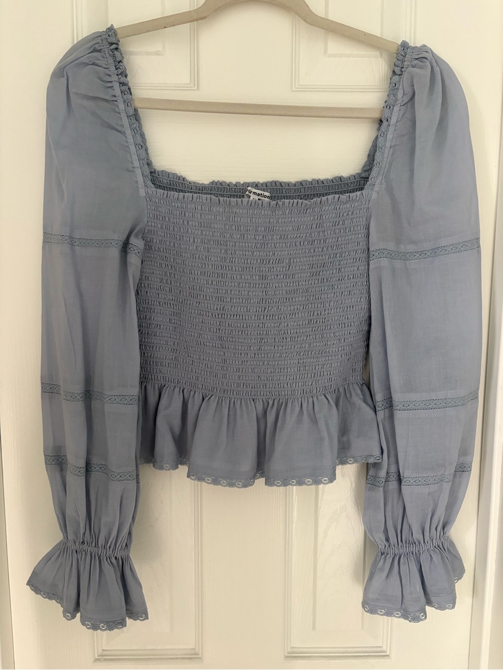 Reformation Roland Top. Smocked Square Neck. Blue. Size medium.